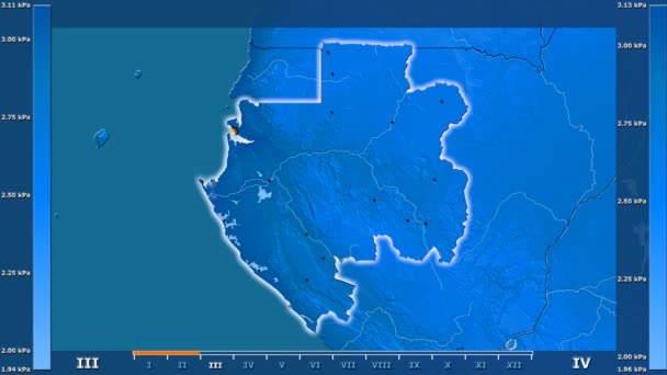 Monatlicher Wasserdampfdruck Gabonengebiet Mit Animierter Legende Glühende Form Verwaltungsgrenzen Hauptstädte — Stockvideo