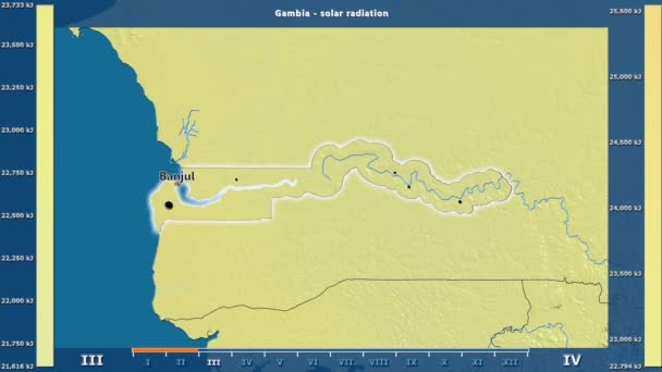 太阳辐射由月在冈比亚区域以生动的传奇 英国标签 国家和资本名字 地图描述 球极投影 — 图库视频影像