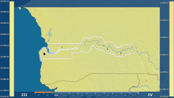 太阳辐射按月在冈比亚地区以动画传奇发光的形状 行政边界 主要城市 球极投影 — 图库视频影像