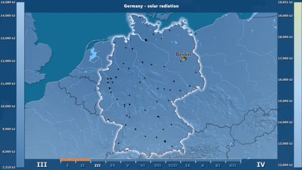 Zonnestraling Maand Het Gebied Van Duitsland Met Geanimeerde Legend Engelse — Stockvideo