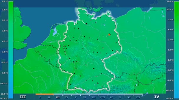 Medeltemperatur Månad Tyskland Med Animerade Legend Glödande Form Administrativa Gränser — Stockvideo