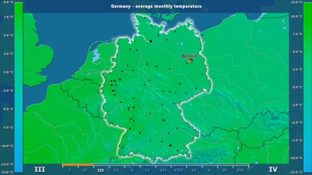 アニメーションの伝説 英語のラベル ドイツ地域における月ごとの平均気温 国と首都名は マップの説明 平射図法 — ストック動画