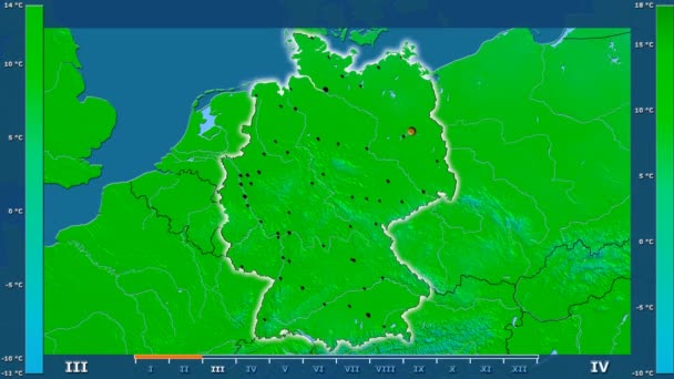 アニメーションの伝説 管理上のボーダー 主要都市 首都を輝くドイツ地域における月別最高気温は 平射図法 — ストック動画