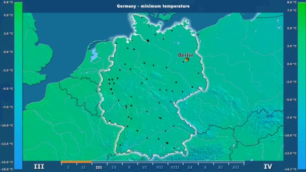 Temperatura Minima Mensile Nell Area Della Germania Con Legenda Animata — Video Stock