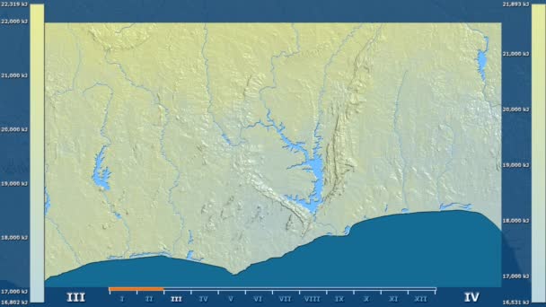 アニメーションの伝説 Raw カラー シェーダーを持つガーナ地区月別日射量 平射図法 — ストック動画