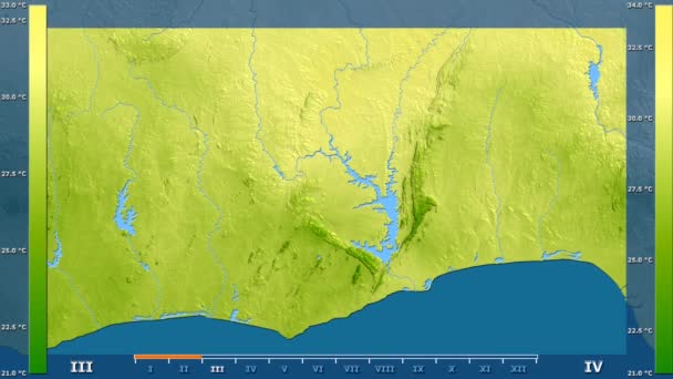 Średnia Temperatura Przez Miesiąc Obszarze Ghana Animowanych Legenda Raw Kolor — Wideo stockowe