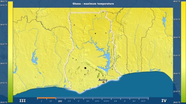 最大温度按月在加纳区域以生动的传奇 英国标签 国家和资本名字 地图描述 球极投影 — 图库视频影像