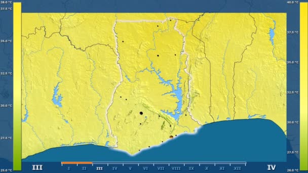 アニメーションの伝説 管理上のボーダー 主要都市 首都を光るとガーナ地区月別最高気温は 平射図法 — ストック動画