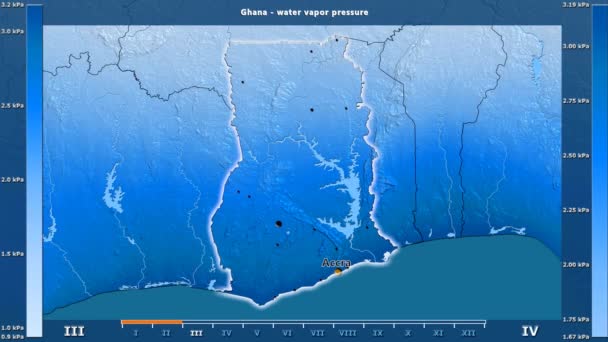 アニメーションの伝説 英語のラベルを持つガーナ地区月別水蒸気圧 国と首都名は マップの説明 平射図法 — ストック動画