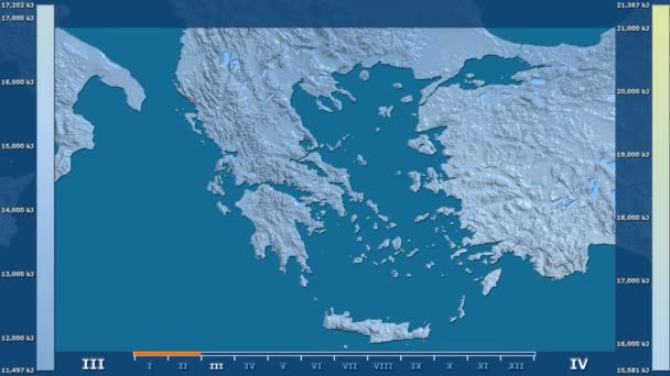 アニメーションの伝説 Raw カラー シェーダーを持つギリシャ地区月別日射量 平射図法 — ストック動画