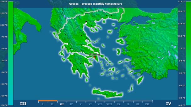 アニメーションの伝説 英語のラベルとギリシャ地区月別平均気温 国と首都名は マップの説明 平射図法 — ストック動画