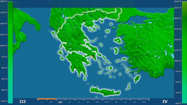 在希腊地区的最高气温为月 动画传奇 发光的形状 行政边界 主要城市 球极投影 — 图库视频影像
