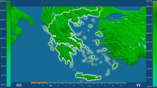 Максимальная Температура Месяцам Зоне Греции Оживленной Легендой Светящиеся Формы Административные — стоковое видео