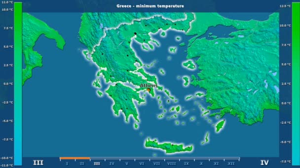 Mindesttemperatur Pro Monat Der Region Griechenland Mit Animierter Legende Englische — Stockvideo