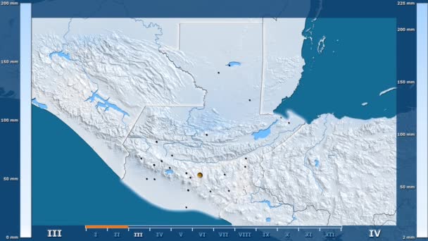 アニメーションの伝説 輝く形 管理上のボーダー 主要都市 首都のグアテマラ周辺地域の月別降水量平射図法 — ストック動画