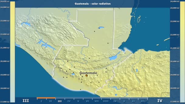 Solstrålning Månad Guatemala Med Animerade Legend Engelska Etiketter Landet Och — Stockvideo