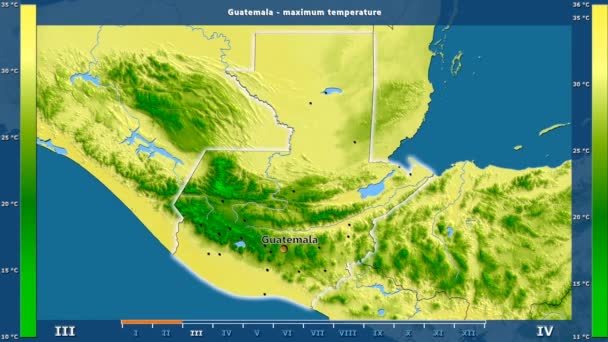 Maximal Temperatur Månad Guatemala Med Animerade Legend Engelska Etiketter Landet — Stockvideo