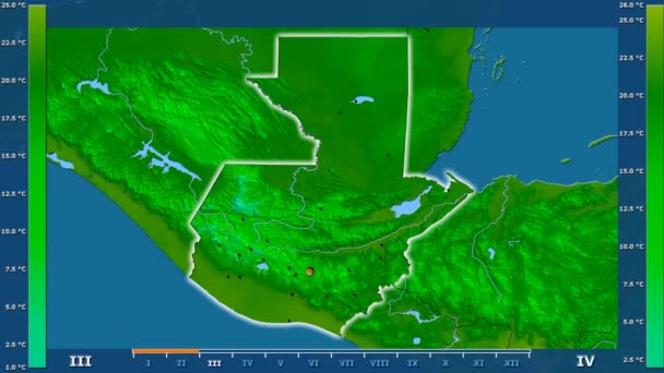アニメーションの伝説 輝く形 管理上のボーダー 主要都市 首都のグアテマラ周辺地域で月最低気温は 平射図法 — ストック動画