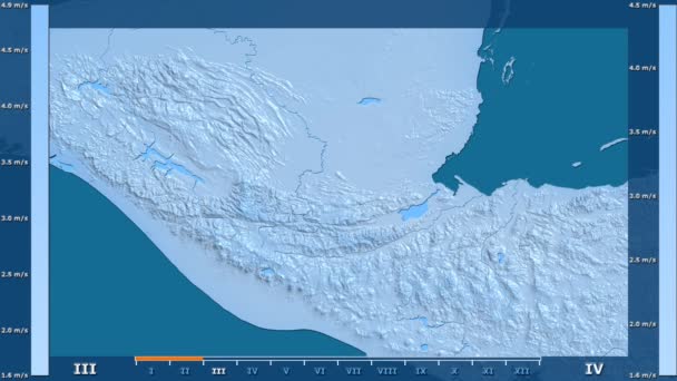 アニメーションの伝説 Raw カラー シェーダーを持つグアテマラ周辺地域の月別風速します 平射図法 — ストック動画
