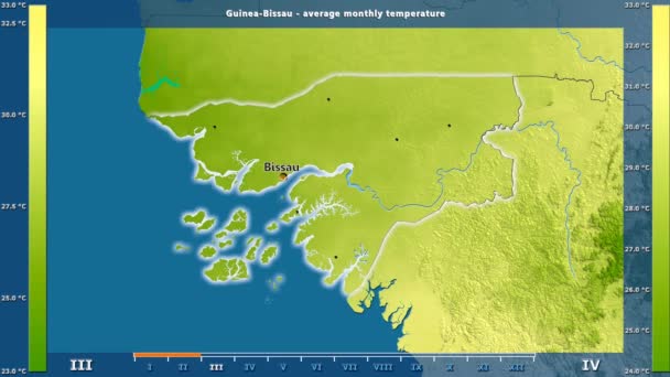 平均温度按月在几内亚比绍区域以生动的传奇 英国标签 国家和资本名字 地图描述 球极投影 — 图库视频影像
