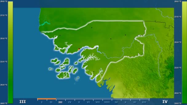 最低气温按月在几内亚比绍地区以动画传奇发光的形状 行政边界 主要城市 球极投影 — 图库视频影像