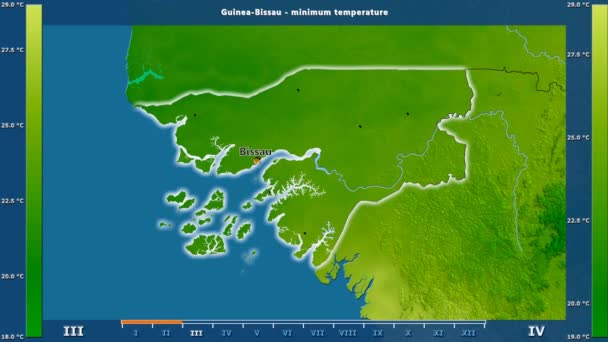 アニメーションの伝説 英語のラベルとギニアビサウ地区月最低気温 国と首都名は マップの説明 平射図法 — ストック動画