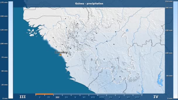 アニメーションの伝説 英語のラベルとギニア地方の月別降水量 国と首都名は マップの説明 平射図法 — ストック動画