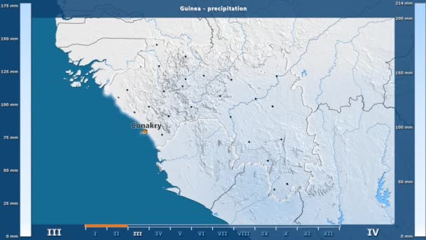 Precipitation Month Guinea Area Animated Legend English Labels Country Capital — Stock Video