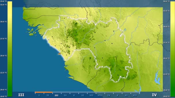 Average Temperature Month Guinea Area Animated Legend Glowing Shape Administrative — Stock Video