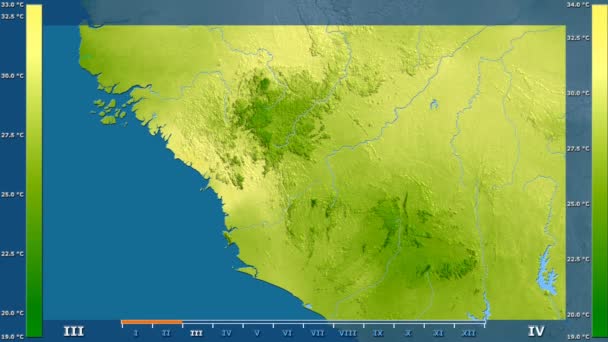 アニメーションの伝説 Raw カラー シェーダーをギニア地域の月別平均気温は 平射図法 — ストック動画