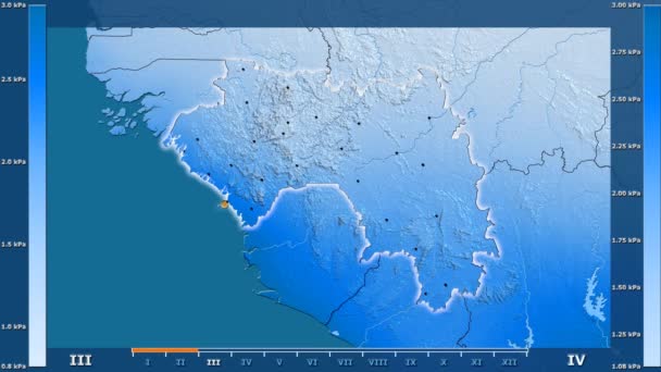 アニメーションの伝説 管理上のボーダー 主要都市 首都を輝くギニア地域における月別水蒸気圧 平射図法 — ストック動画