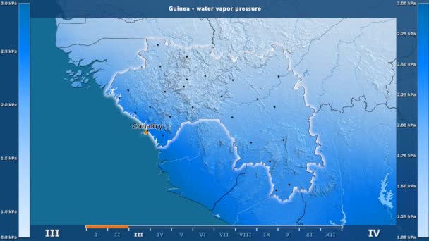 アニメーションの伝説 英語のラベルとギニア地区月別水蒸気圧 国と首都名は マップの説明 平射図法 — ストック動画