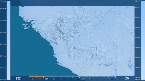 风速按月在几内亚地区与动画图例 原始颜色着色器 球极投影 — 图库视频影像