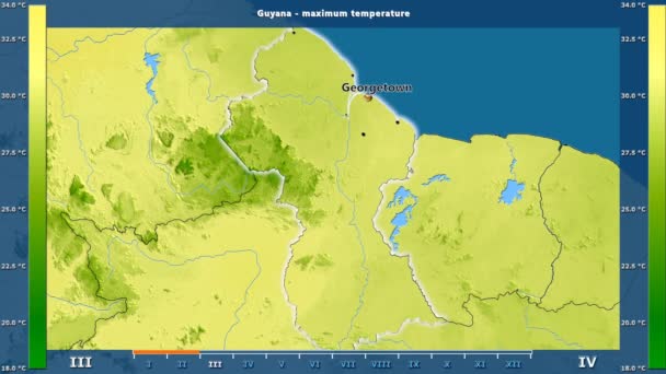 Maximale Temperatur Pro Monat Gebiet Von Guyana Mit Animierter Legende — Stockvideo