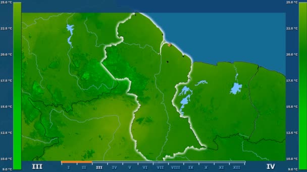 Lägsta Temperatur Månad Området Guyana Med Animerade Legend Glödande Form — Stockvideo