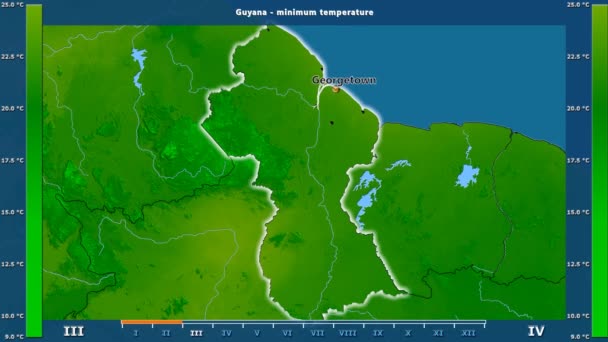 Lägsta Temperatur Månad Området Guyana Med Animerade Legend Engelska Etiketter — Stockvideo