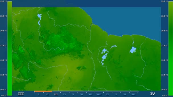 Lägsta Temperatur Månad Området Guyana Med Animerade Legend Raw Färg — Stockvideo