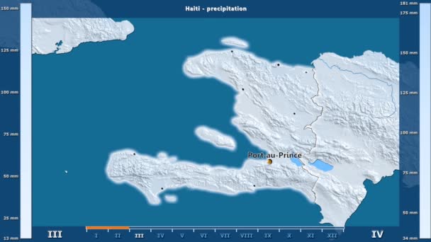 Осадки Месяцам Районе Гаити Анимированной Легендой Английские Метки Названия Страны — стоковое видео