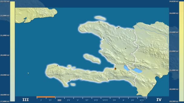 アニメーションの伝説 管理上のボーダー 主要都市 首都を光るとハイチ地区月別日射量 平射図法 — ストック動画
