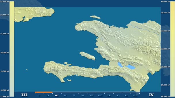 アニメーションの伝説 Raw カラー シェーダーをハイチ地区月別日射量 平射図法 — ストック動画