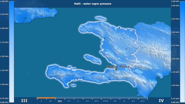 水汽压力由月在海地区域以生动的传奇 英国标签 国家和资本名字 地图描述 球极投影 — 图库视频影像