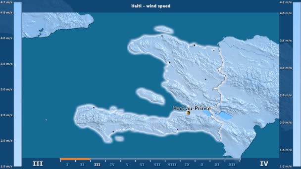风速按月在海地地区与动画传奇 英文标签 国家和资本名称 地图描述 球极投影 — 图库视频影像