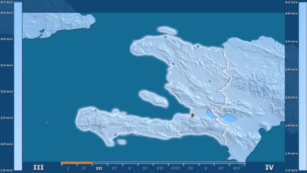风速按月在海地地区与动画传奇 发光的形状 行政边界 主要城市 球极投影 — 图库视频影像