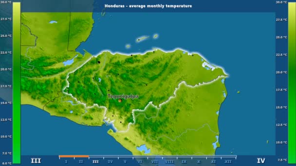 Średnia Temperatura Przez Miesiąc Obszarze Honduras Animowanych Legenda Angielski Etykiety — Wideo stockowe