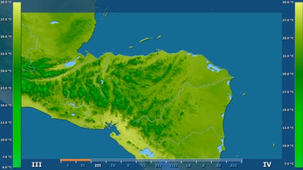 Средняя Температура Месяцам Районе Гондураса Анимированной Легендой Сырым Цветным Шейдером — стоковое видео