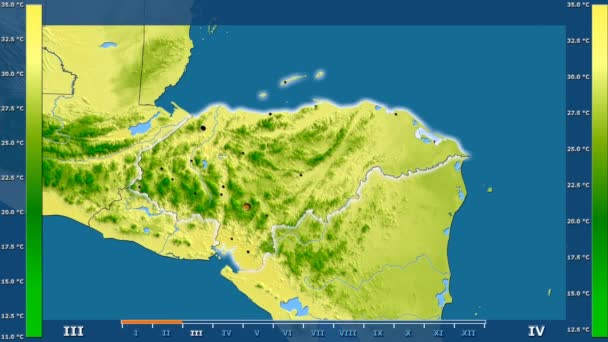 Maximální Teplota Podle Měsíce Oblasti Hondurasu Animovanou Legendou Zářící Tvar — Stock video