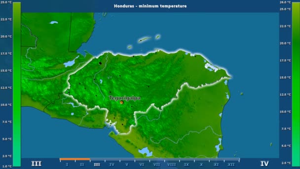 Lägsta Temperatur Månad Honduras Området Med Animerade Legend Engelska Etiketter — Stockvideo