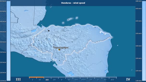风速按月在洪都拉斯地区与动画传奇 英文标签 国家和资本名称 地图描述 球极投影 — 图库视频影像