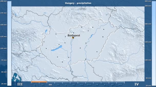 降雨雪由月在匈牙利区域以生气蓬勃的传奇 英国标签 国家和资本名字 地图描述 球极投影 — 图库视频影像