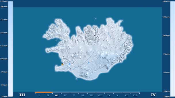 Precipitation Month Iceland Area Animated Legend Glowing Shape Administrative Borders — Stock Video